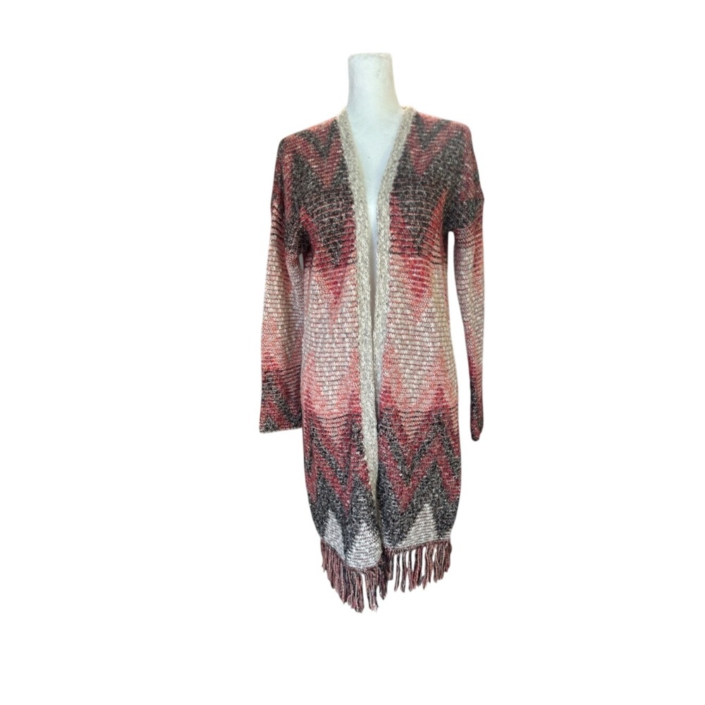 Lucky Brand Womens Red Chevron Fringe Longline Open Front Cardigan M 7W51322
